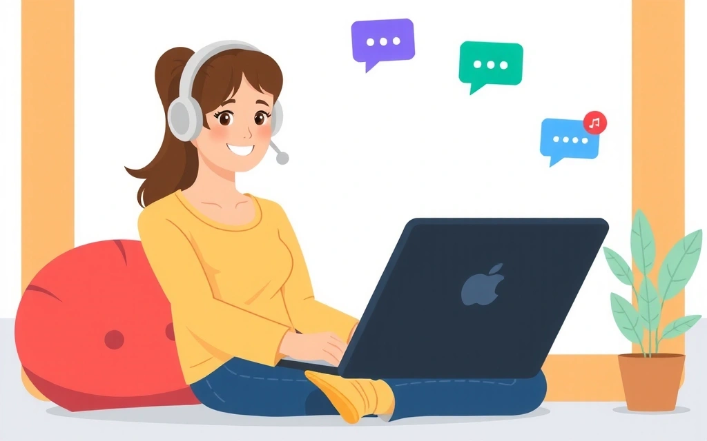 Illustrazione di una persona che scrive un messaggio su un tablet, con icone di email e chat.