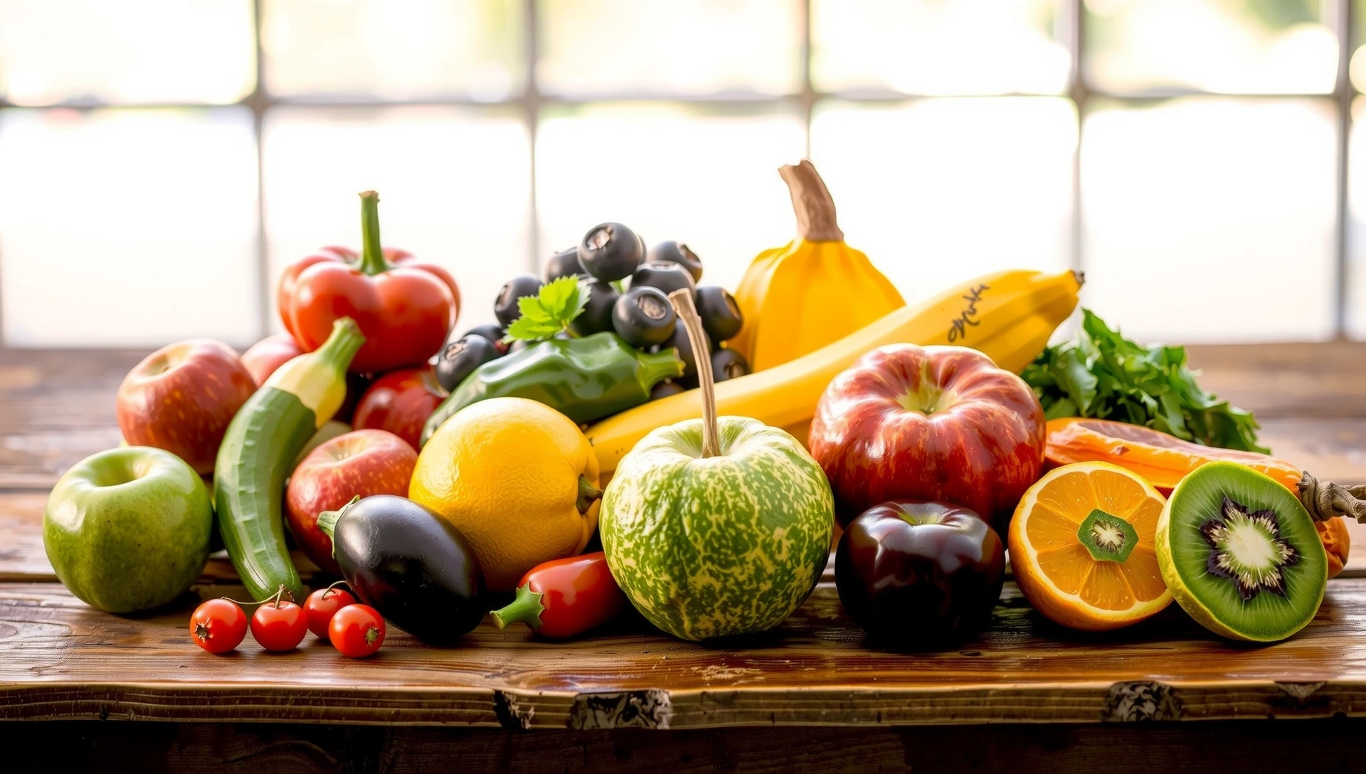 Frutta e verdura fresca su un tavolo, simbolo di sana alimentazione