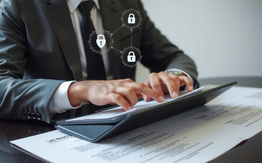 Una persona che esamina documenti su un tablet con icone di privacy e sicurezza che fluttuano attorno ad essa